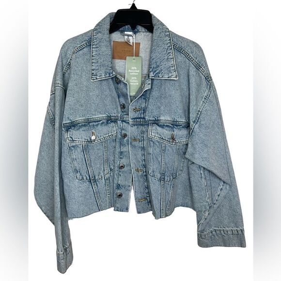 H&M Blue Long Sleeve Oversized Slouchy Boxy Denim Jacket Size Large - Picture 1 of 11